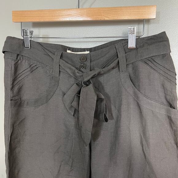 Sandro Paris Belted Linen Blend Capri Pants Wide Leg Taupe Brown Women Size 10 - Picture 2 of 5